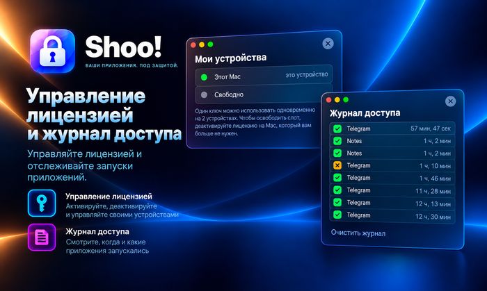 Управление лицензией и журнал доступа в Shoo!