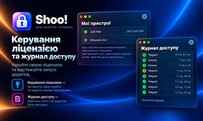 Керування ліцензією та журнал доступу в Shoo!