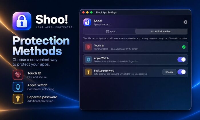 Shoo! protection methods: Touch ID, Apple Watch, backup password