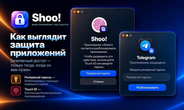 Окно разблокировки Touch ID поверх защищённого приложения в Shoo!