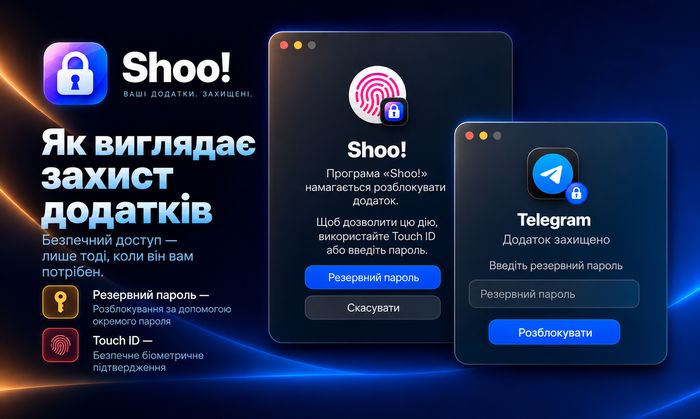 Вікно розблокування Touch ID поверх захищеного застосунку в Shoo!